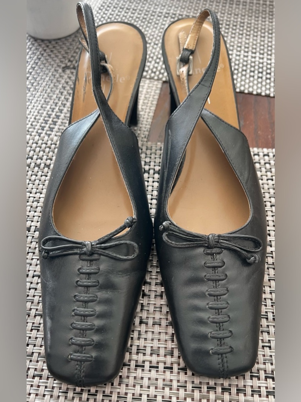 Black Leather Slingback Heels with Front Bow Accent